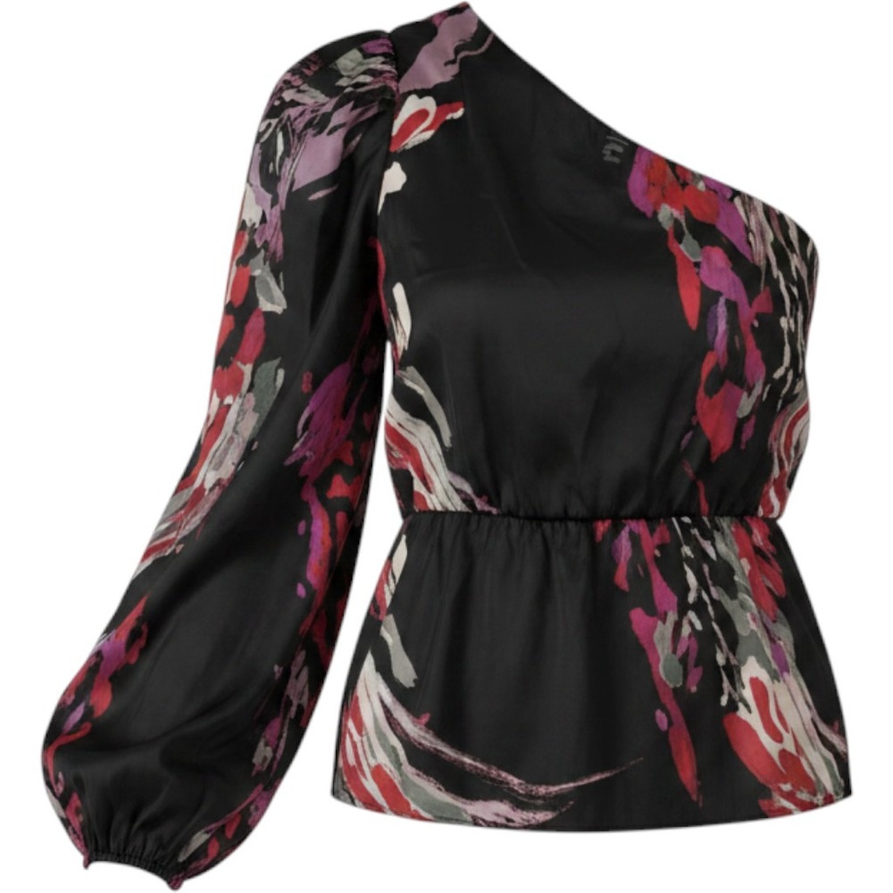 Bisou Bisou One Shoulder Black Wave Print Blouse L Shoulder Pads Chic Party NEW
